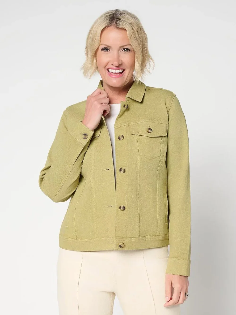 Denim & Co. Classic Stretch Denim Jacket with Welt Pockets, Green Sz 1X a698540